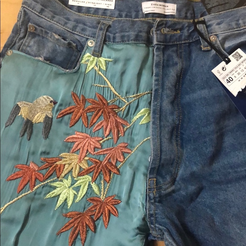 Zara Blue Straight Leg Jeans with Red Floral Design - Picture 7 of 8